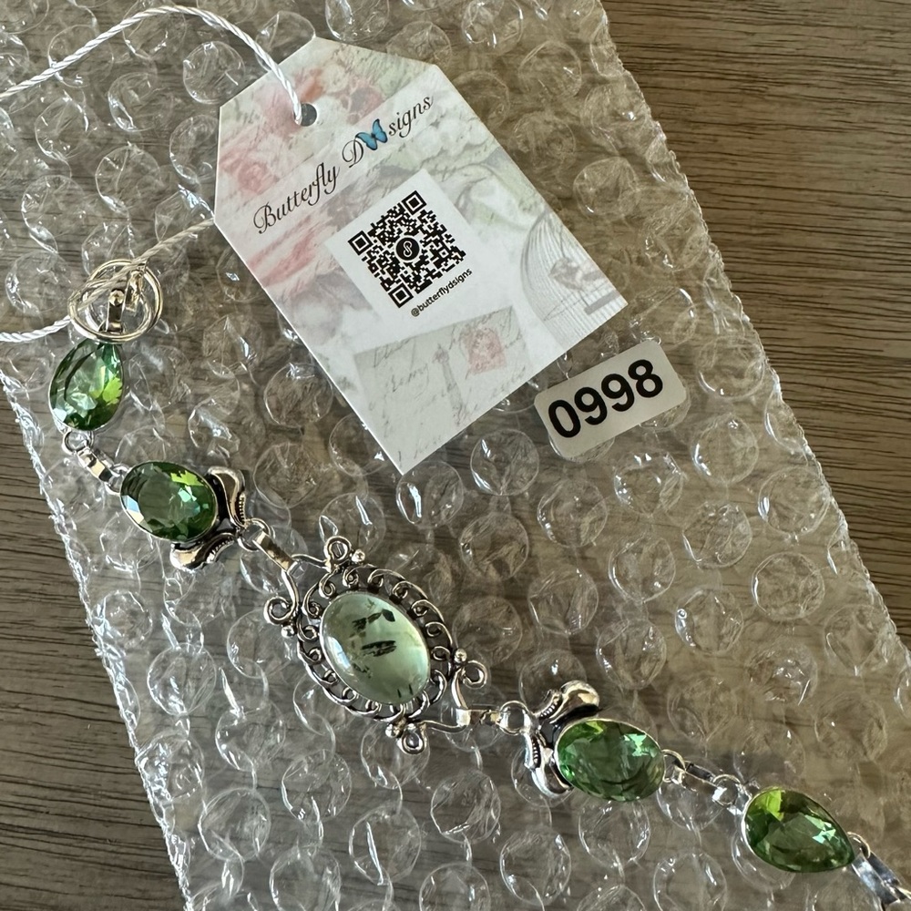 0998 Prehnite Peridot Bracelet Handmade Gemstone Silver Statement Jewelry - Picture 8 of 8